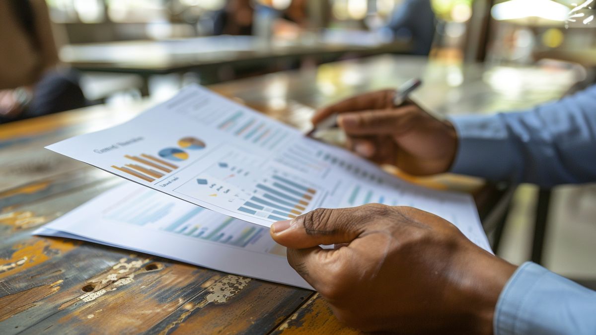 Hand holding a printed meeting summary with key points highlighted.